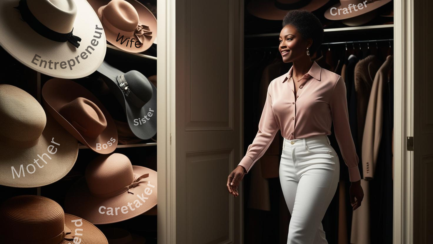 African American woman walking into a closet of hats symbolizing the many roles women wear daily beneath their crowns.